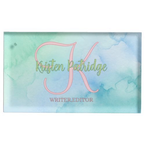 blue green watercolor editor writer name monogram place card holder
