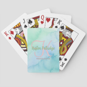 blue green watercolor editor writer name monogram poker cards
