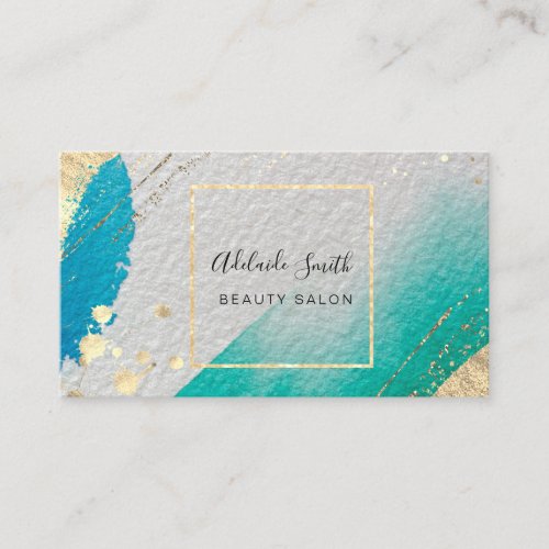 blue green watercolor faux gold foil details business card