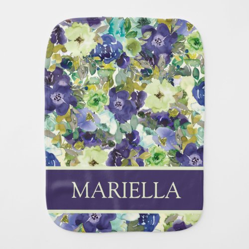 Blue Green Watercolor Floral Baby Girl Name  Baby Burp Cloth