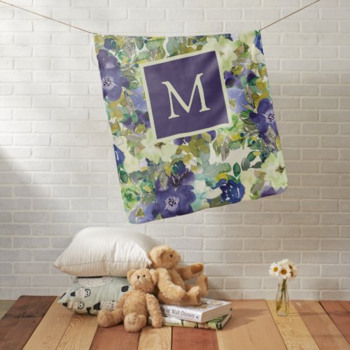 Blue Green Watercolor Floral Monogram Initial  Baby Blanket