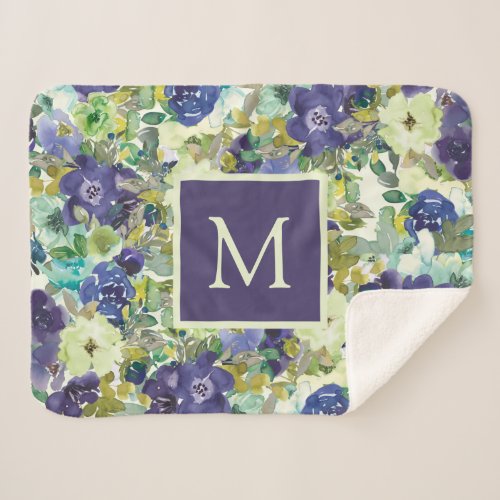 Blue Green Watercolor Floral Monogram Initial Sherpa Blanket