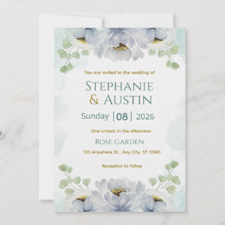 Blue Green Watercolor Floral Wedding Invitation El
