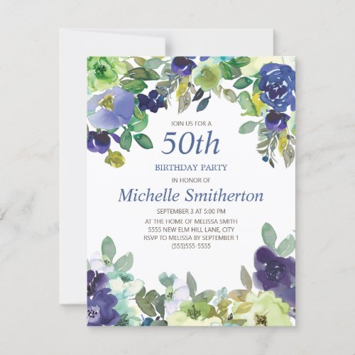 Blue Green Watercolor Flowers 50th Birthday Card