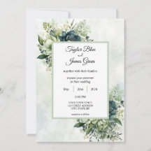 Blue Green watercolor flowers Wedding Invitation