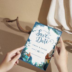 Blue Green Watercolor Foliage Butterfly Wedding Announcement Postcard