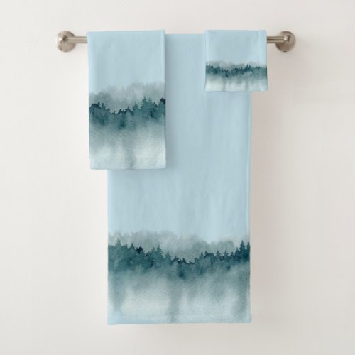 Blue Green Watercolor Forest Trees Bath Towel Set