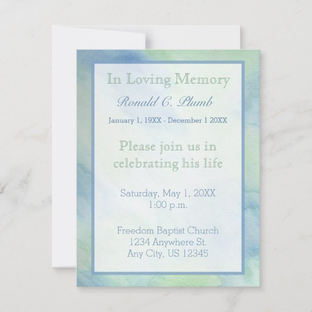 Blue & Green Watercolor Funeral | Memorial Service Invitation (Front)