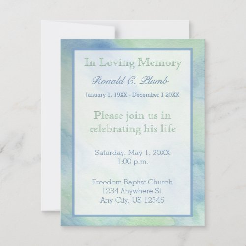 Blue  Green Watercolor Funeral  Memorial Service Invitation