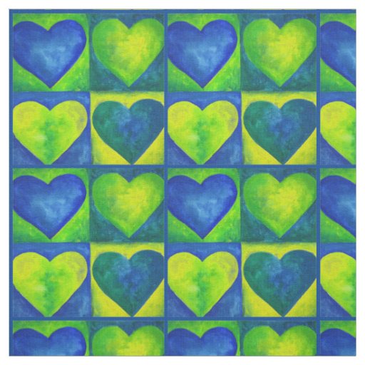 Blue Green Watercolor Hearts Love Heart Valentine Fabric