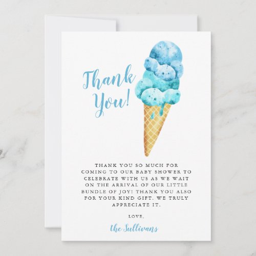 Blue Green Watercolor Ice Cream Baby Shower Thank You Card