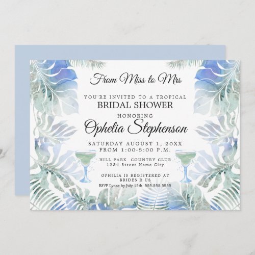 Blue Green Watercolor Leaves Bridal Shower Invitation