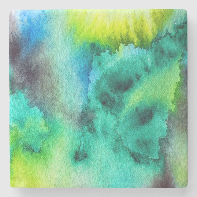 Blue Green watercolor marble abstract tie dye Stone Coaster (Front)