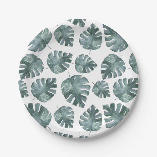 Blue Green Watercolor Monstera Pattern Birthday Paper Plates (Front)