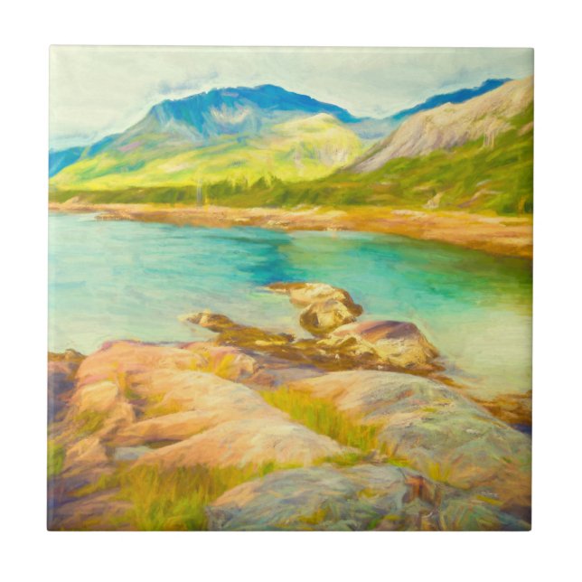 Blue Green Watercolor Mountain Lake Painting Ceramic Tile (Front)