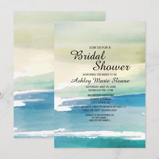 Blue Green Watercolor Ocean Waves Bridal Shower Invitation (Front/Back)