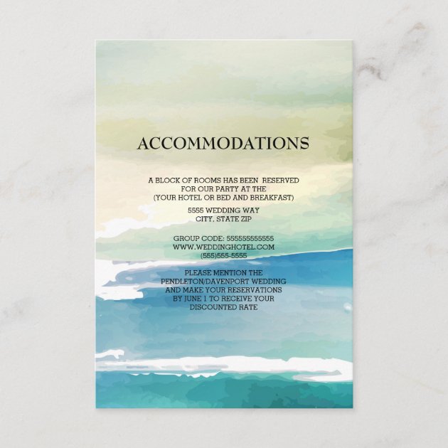 Blue Green Watercolor Ocean Wedding Accommodations Enclosure Card