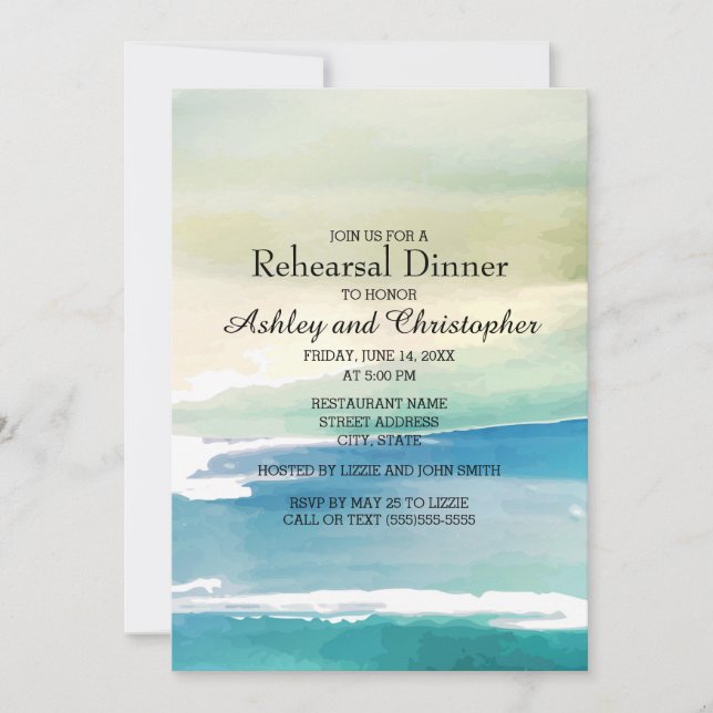Blue Green Watercolor Ocean  Wedding Rehearsal Invitation (Front)