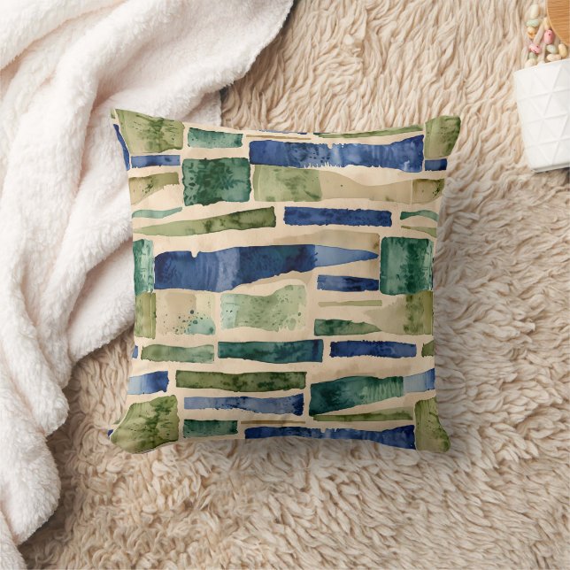 Blue Green Watercolor Patches Throw Pillow (Blanket)