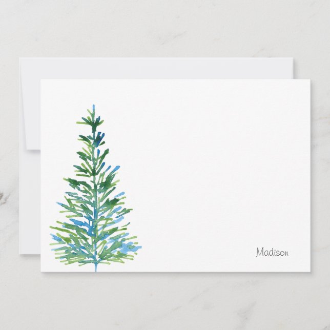 Blue Green Watercolor Pine Tree Note Card (Front)