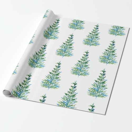 Blue Green Watercolor Pine Tree Pattern Wrapping Paper