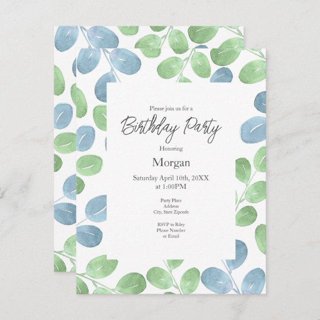  Blue Green Watercolor Round Leaf Pattern Invitation (Front/Back)