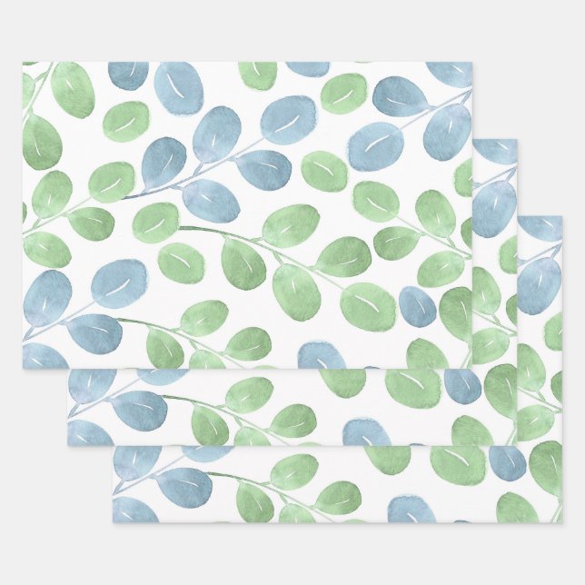 Blue Green Watercolor Round Leaf Pattern Wrapping Paper Sheets (Set)