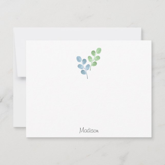 Blue Green Watercolor Round Leaf Stems Note Card (Front)