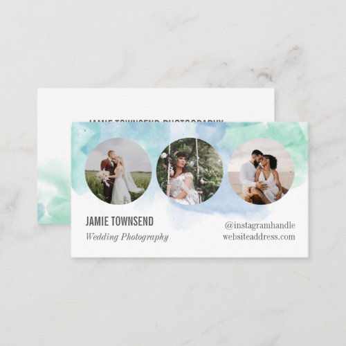 Blue Green Watercolor Round Photos Photographer Business Card
