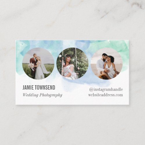 Blue Green Watercolor Round Photos Photographer Business Card