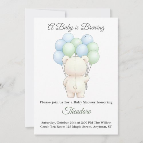 Blue & Green Watercolor Teddy Bear Baby Shower 