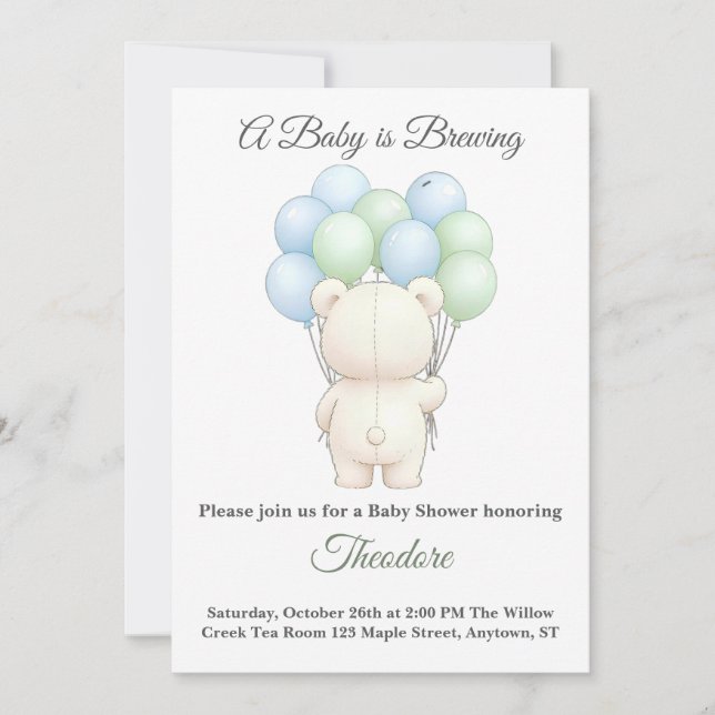Blue Green Watercolor Teddy Bear Theme invitation (Front)