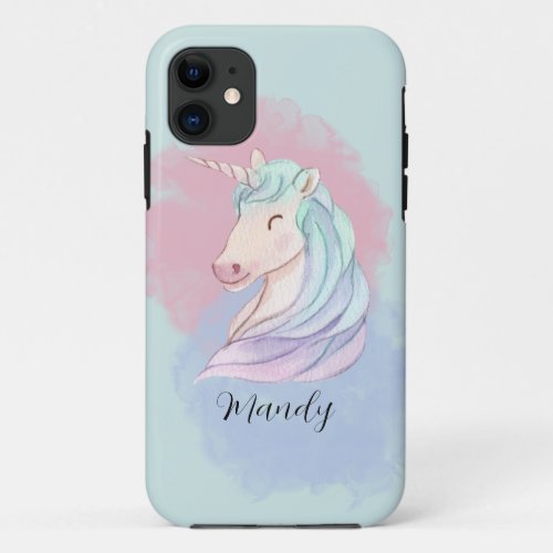 Blue Green Watercolor Unicorn Custom Name iPhone 11 Case