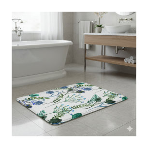 Blue Green Watercolor Wildflower  Bath Mat