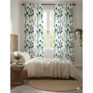 Blue Green Watercolor Wildflower Blackout Curtain