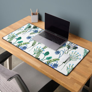 Blue Green Watercolor Wildflower Desk Mat