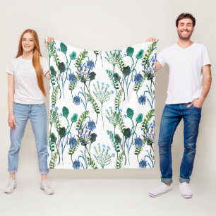 Blue Green Watercolor Wildflower  Fleece Blanket
