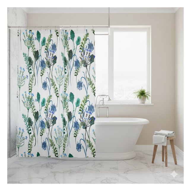 Blue Green Watercolor Wildflower Shower Curtain (Creator Uploaded)