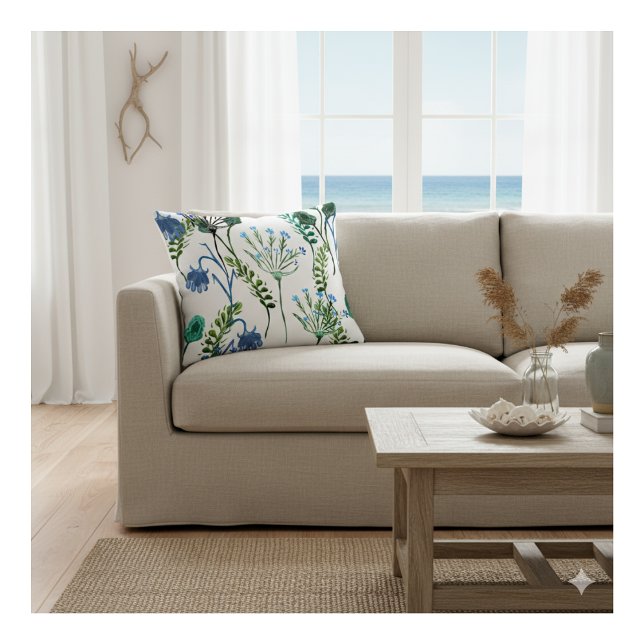 Blue Green Watercolor Wildflower  Throw Pillow (Creator Uploaded)