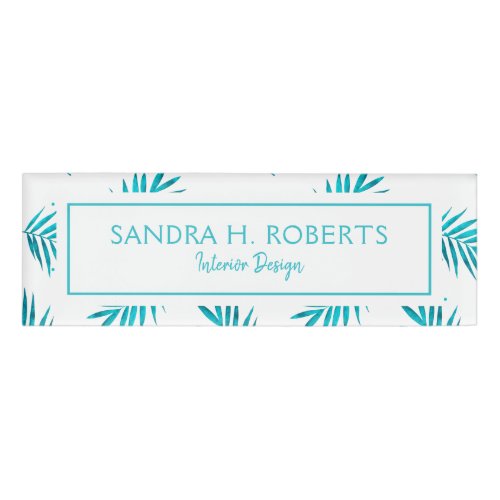 Blue_green watercolors palm leaves pattern name tag