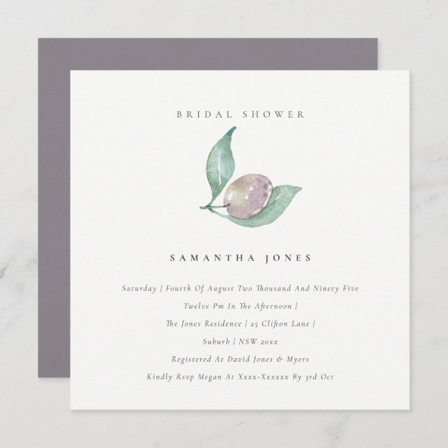 BLUE GREEN WATERCOLOUR FOLIAGE OLIVE BRIDAL SHOWER INVITATION (Front/Back)