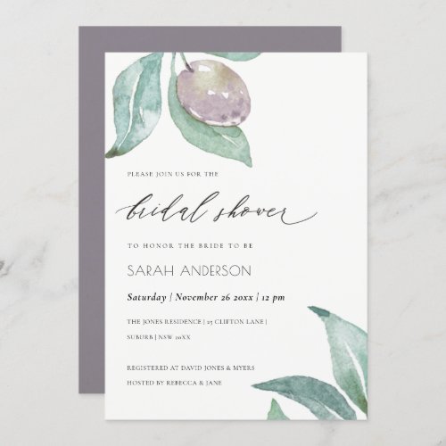 BLUE GREEN WATERCOLOUR FOLIAGE OLIVE BRIDAL SHOWER INVITATION