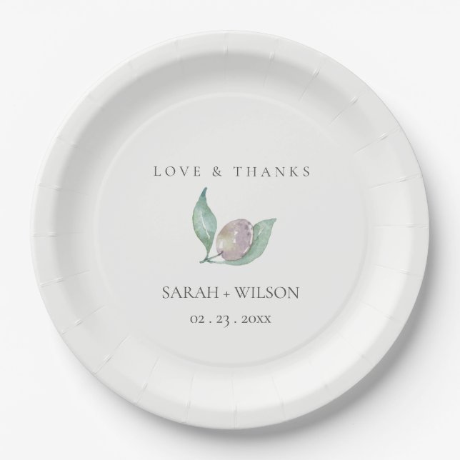 BLUE GREEN WATERCOLOUR FOLIAGE OLIVE MONOGRAM PAPER PLATES (Front)