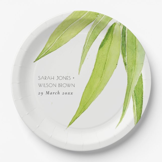 BLUE GREEN WATERCOLOUR FOLIAGE OLIVE MONOGRAM PAPER PLATES (Front)