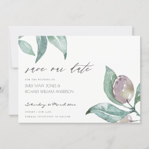 BLUE GREEN WATERCOLOUR FOLIAGE OLIVE SAVE THE DATE