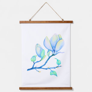 Blue Green Watercolour Magnolia Branch Botanical Hanging Tapestry