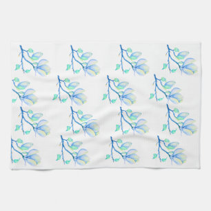 Blue Green Watercolour Magnolia Branch Botanical Kitchen Towel