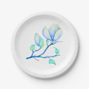 Blue Green Watercolour Magnolia Branch Botanical Paper Plates