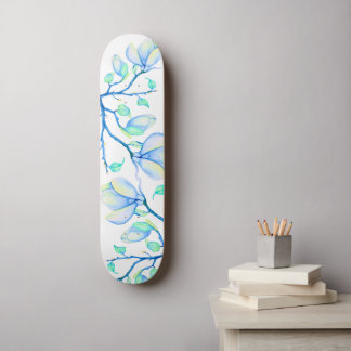 Blue Green Watercolour Magnolia Branch Botanical Skateboard