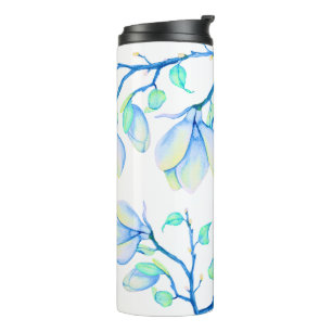 Blue Green Watercolour Magnolia Branch Botanical Thermal Tumbler